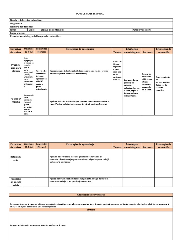 Plan de Clase Semanal Detallado | PDF | Evaluación | Aprendizaje