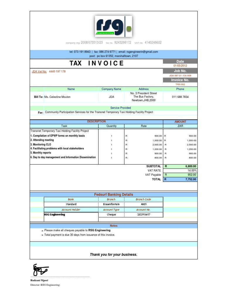 Invoice for Transnet Taxi Project Services | PDF | Invoice | Cheque
