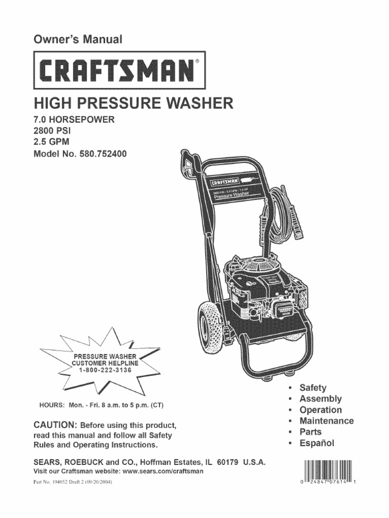 Craftsman Pressure Washer Model No. 580.752400 PDF Motor Oil Mechanical Engineering