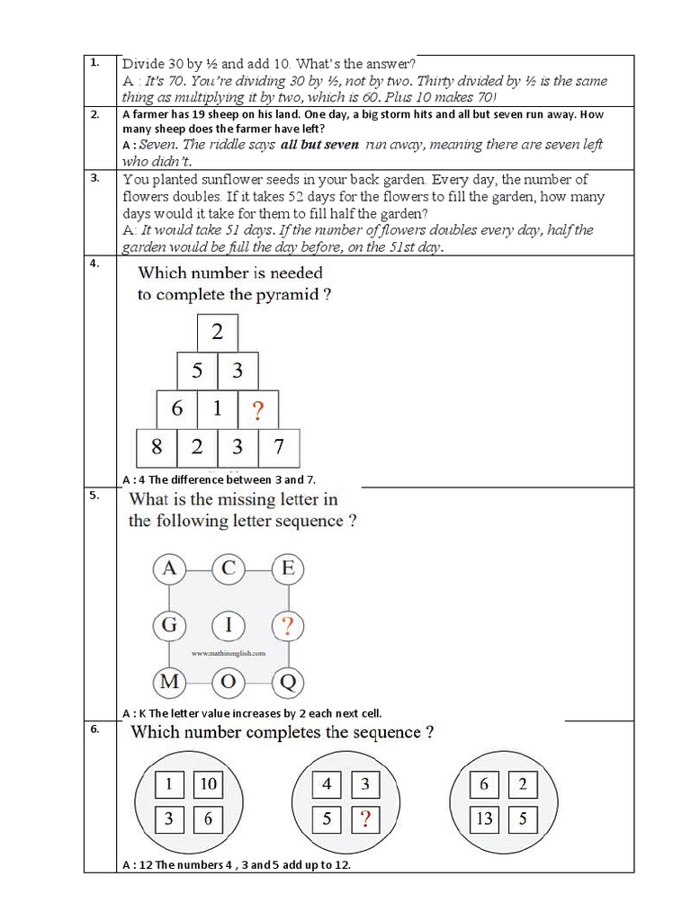 Math Brain Teasers Question PDF Agriculture Botany