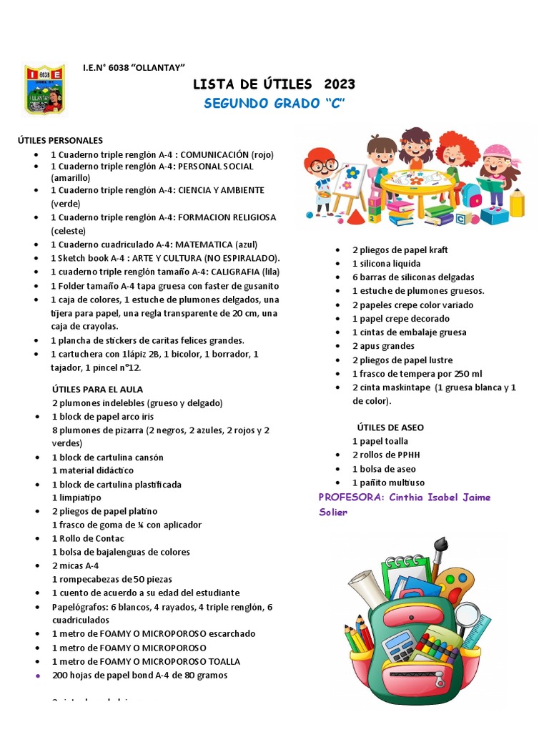 Útiles Escolares 2023 Segundo Grado C | PDF | Materiales de ...