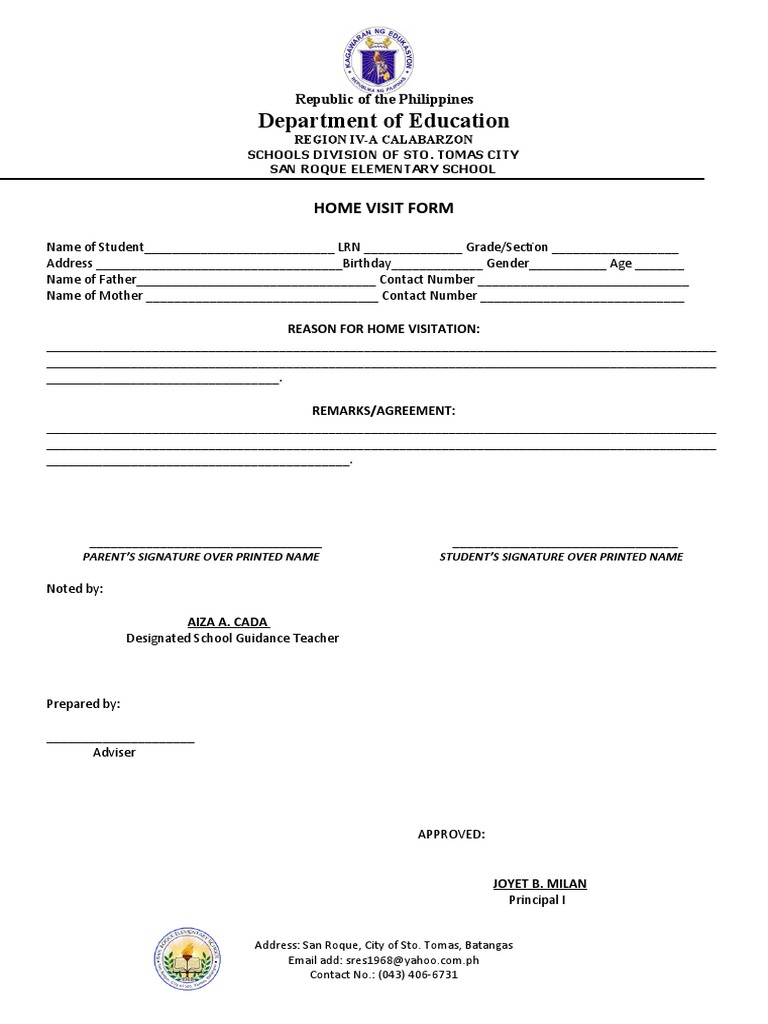 Home Visit Form for San Roque Elementary | PDF