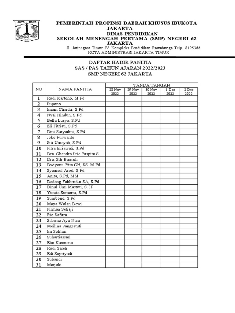 Daftar Hadir Panitia Sas Pas 2022 Pdf