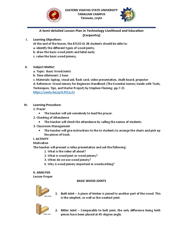 Semi-Detailed Carpentry Lesson Plan | PDF | Industrial Processes | Crafts