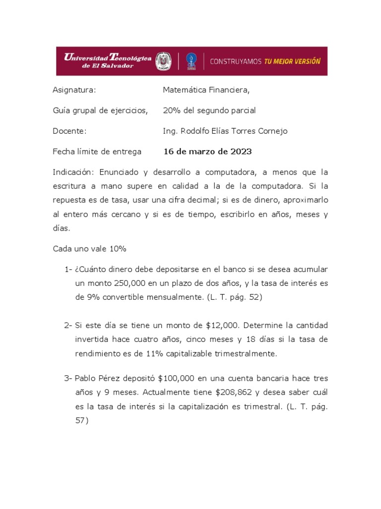 Ejercicios de Matemática Financiera | PDF | Tasas de interés | Comercio