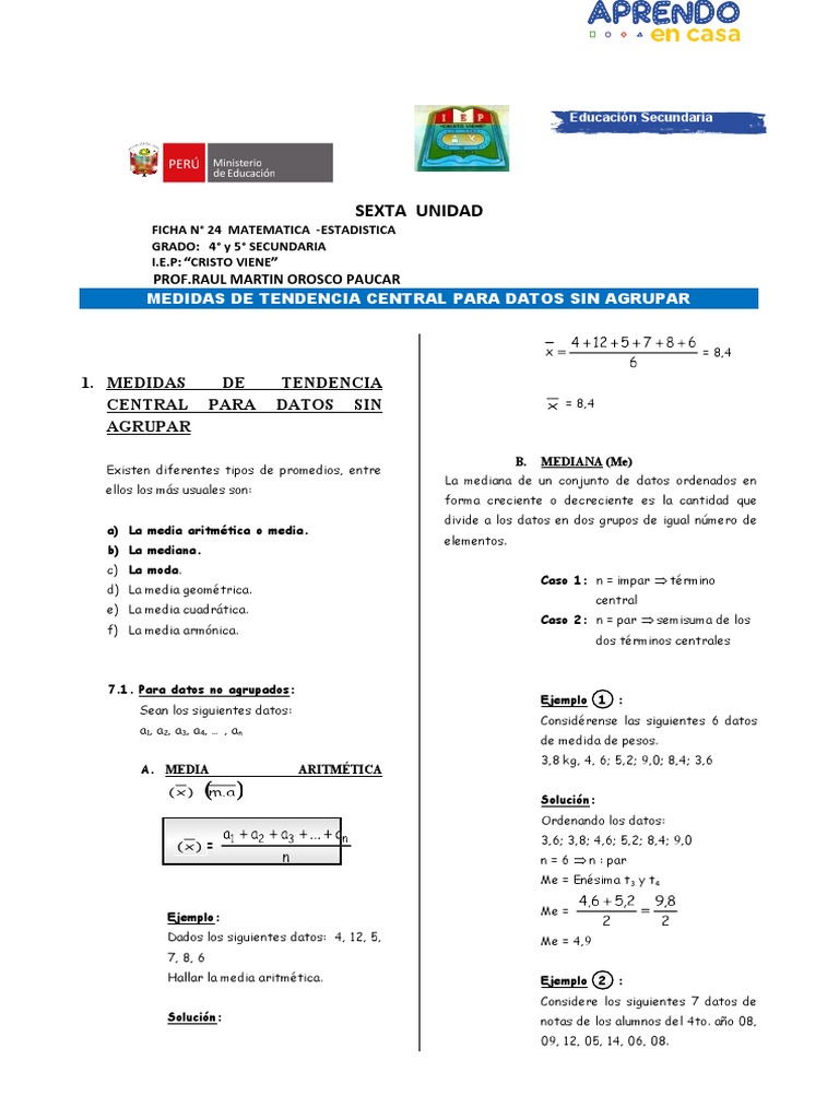 FICHA 24 MATEMATICA 4 ° Y 5 ° SEC.CV.UNIDAD VI | PDF | Mediana ...