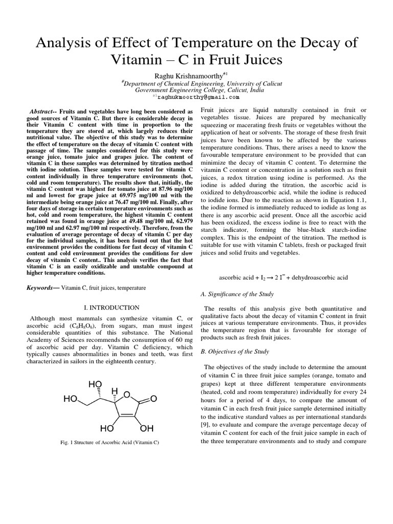 Published Research Experiments On Effect of Temperature On Vitamin C Decay PDF Vitamin C Juice