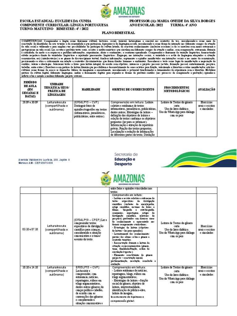 Plano Bimestral De Língua Portuguesa Para O 4o Ano Do Ensino