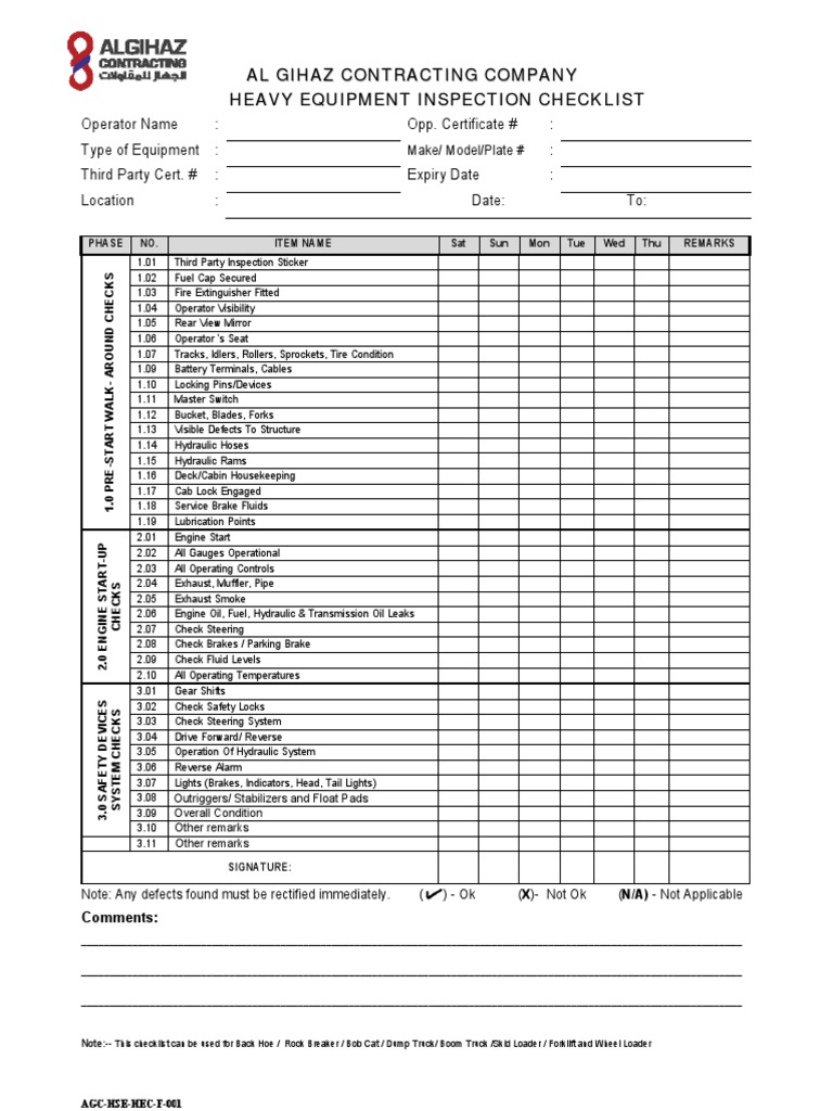 Heavy Equipment Inspection Checklist | PDF | Truck | Loader (Equipment)