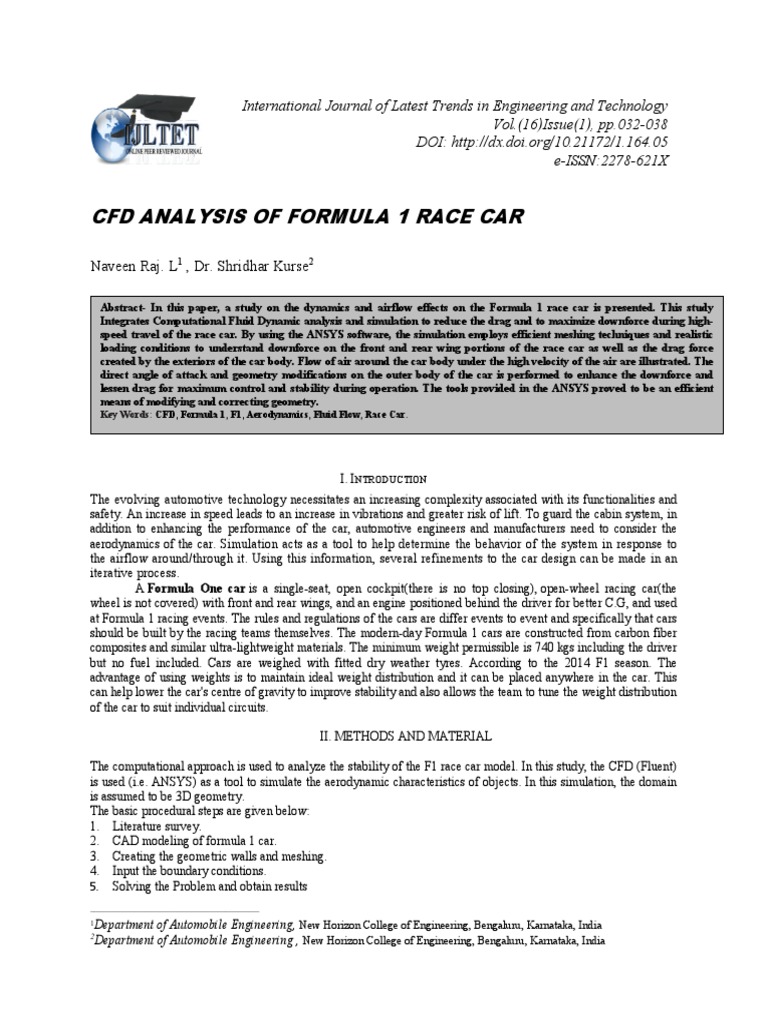 CFD Analysis of Formula 1 Race Car PDF Lift (Force) Aerodynamics