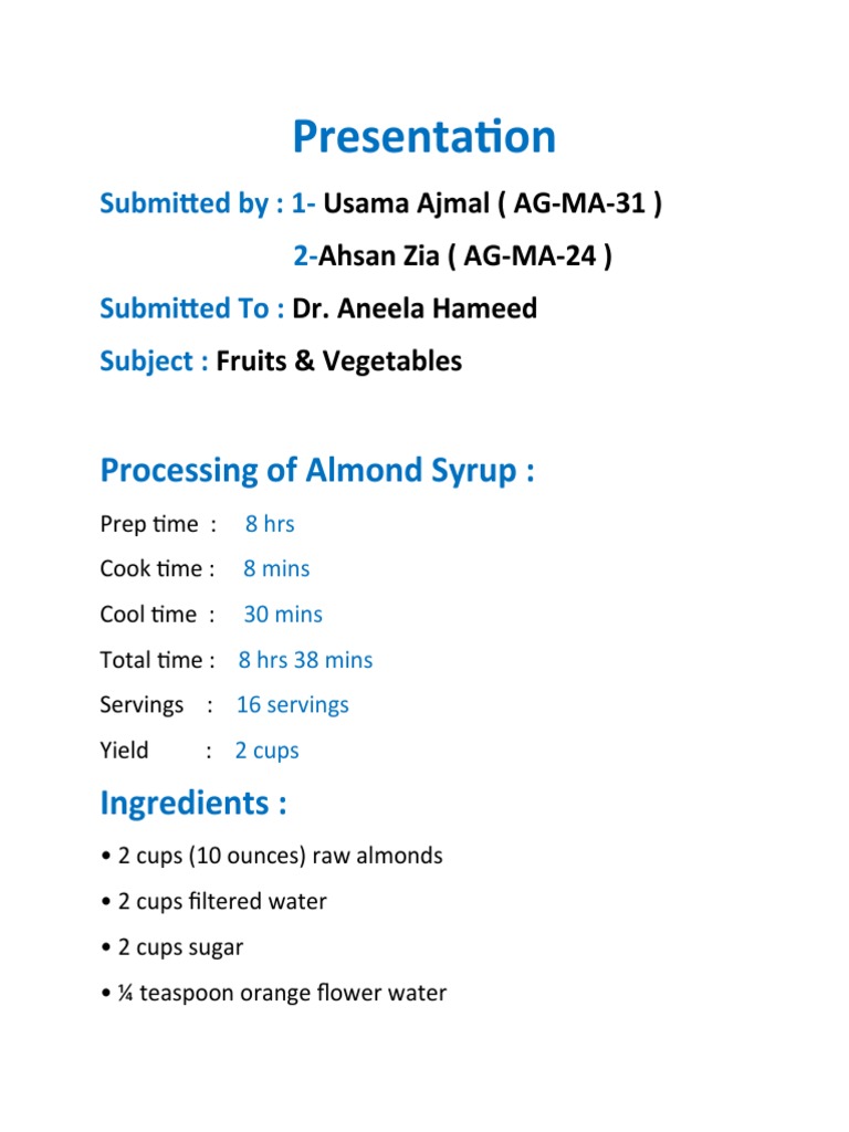 Processing of Almond Syrup | PDF