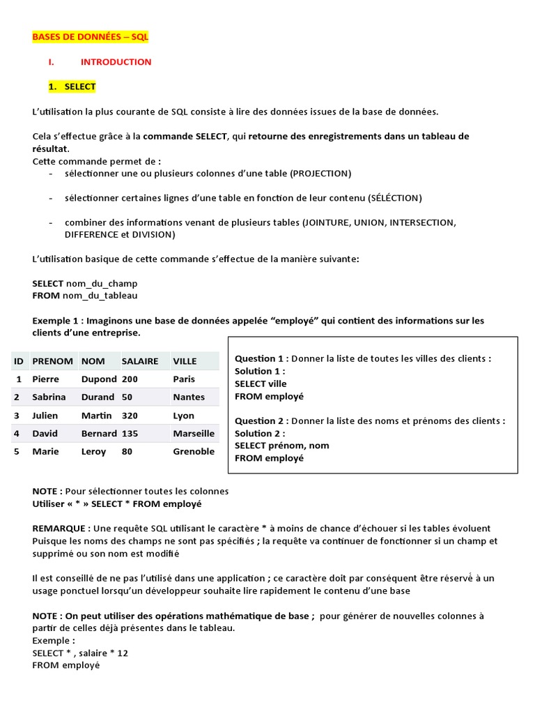 Cours SQL : Commandes et Exemples | PDF | Informatique | SQL