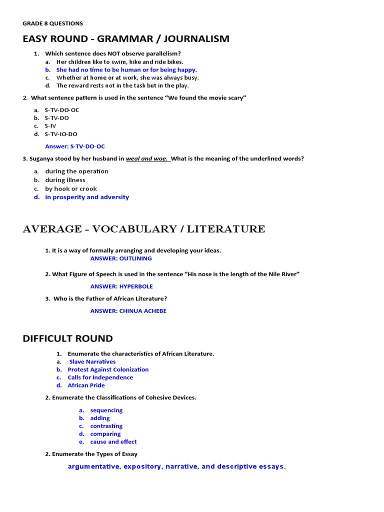 GRADE 8 QUESTIONS (Quizbee) | PDF