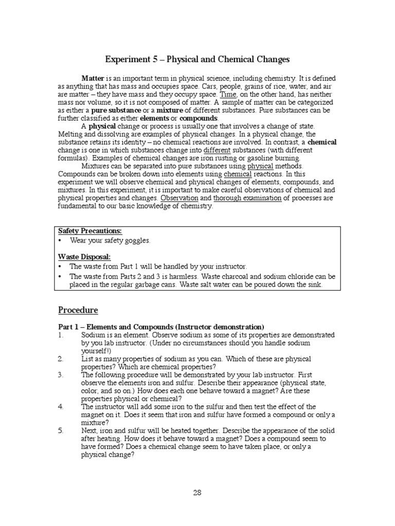 Physical and Chemical Changes Experiment | PDF | Chemical Substances ...