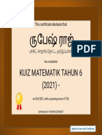 Certificate for ருபேஷ் ராஜ் for KUIZ MATEMATIK TAHUN 6 202 PDF