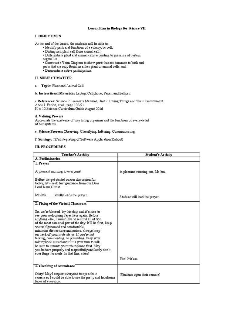Lesson Plan in Biology For Science VII PDF Cell (Biology) Lesson Plan