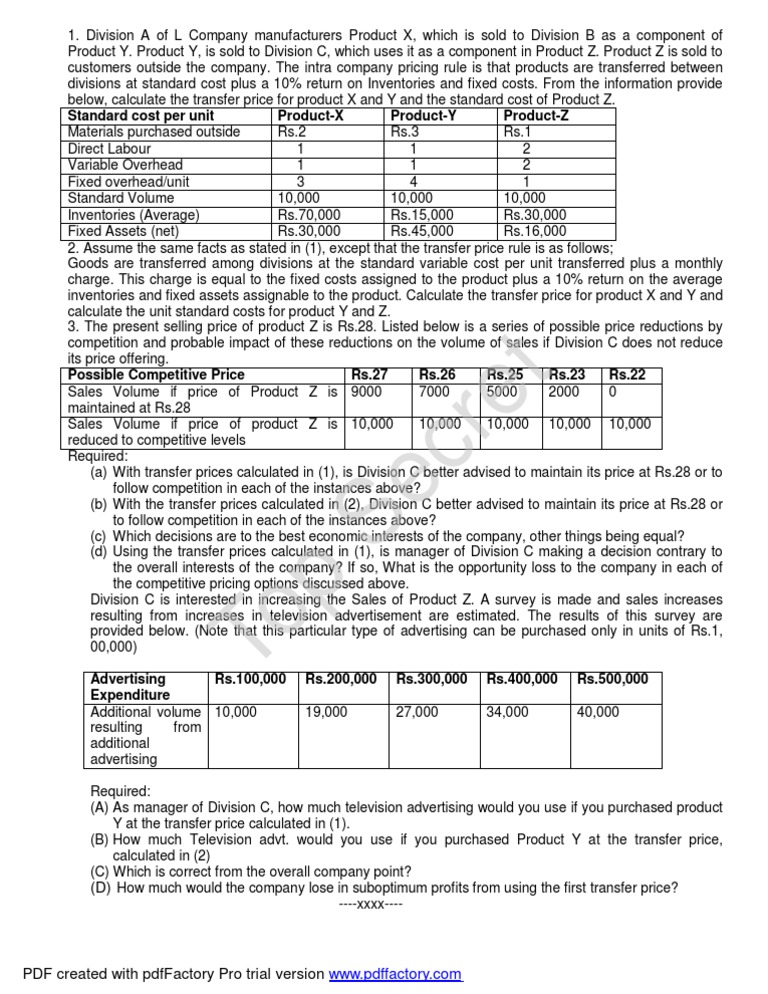 Transfer Price Case Study 2 Inventory Prices