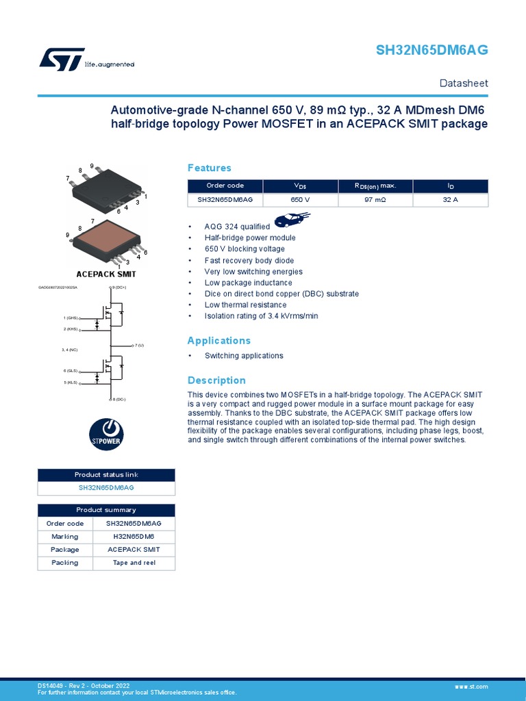 Automotive-Grade N-Channel 650 V, 89 Mω Typ., 32 A Mdmesh Dm6 Half ...