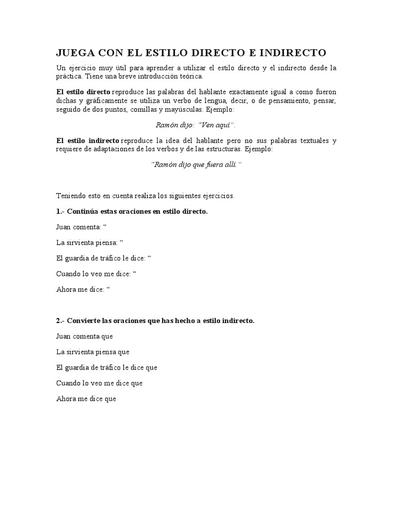 Ejercicios de Estilo Directo e Indirecto | PDF | Artes del Lenguaje y ...