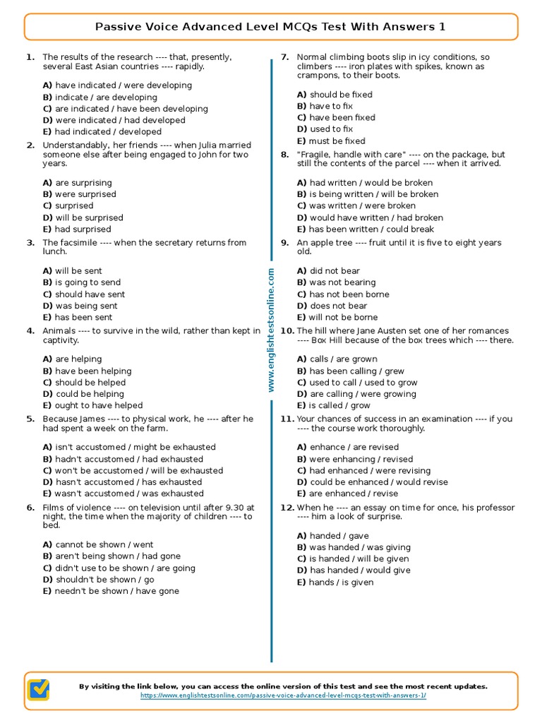 891 Passive Voice Advanced Level Mcqs Test With Answers 1 PDF