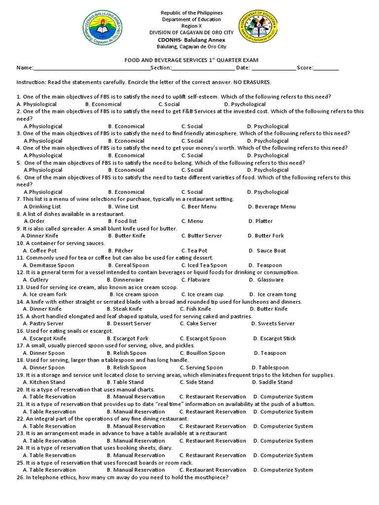 Food and Beverage Services 1st Quarter Exam Assessing Students