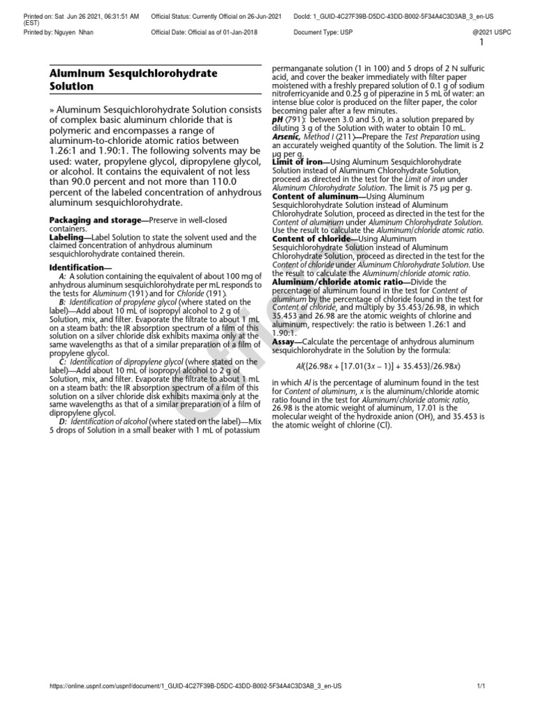 Aluminum Sesquichlorohydrate Solution PDF Chloride Aluminium