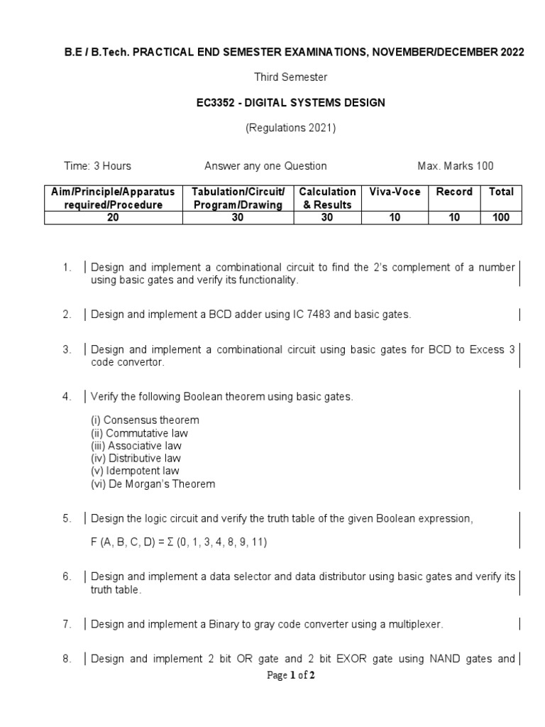 B e b tech digital systems design practical exam questions pdf
