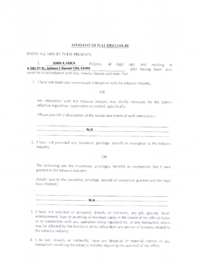 what is a tobacco affidavit Affidavit of Full Disclosure-Tabaco Industry PDF