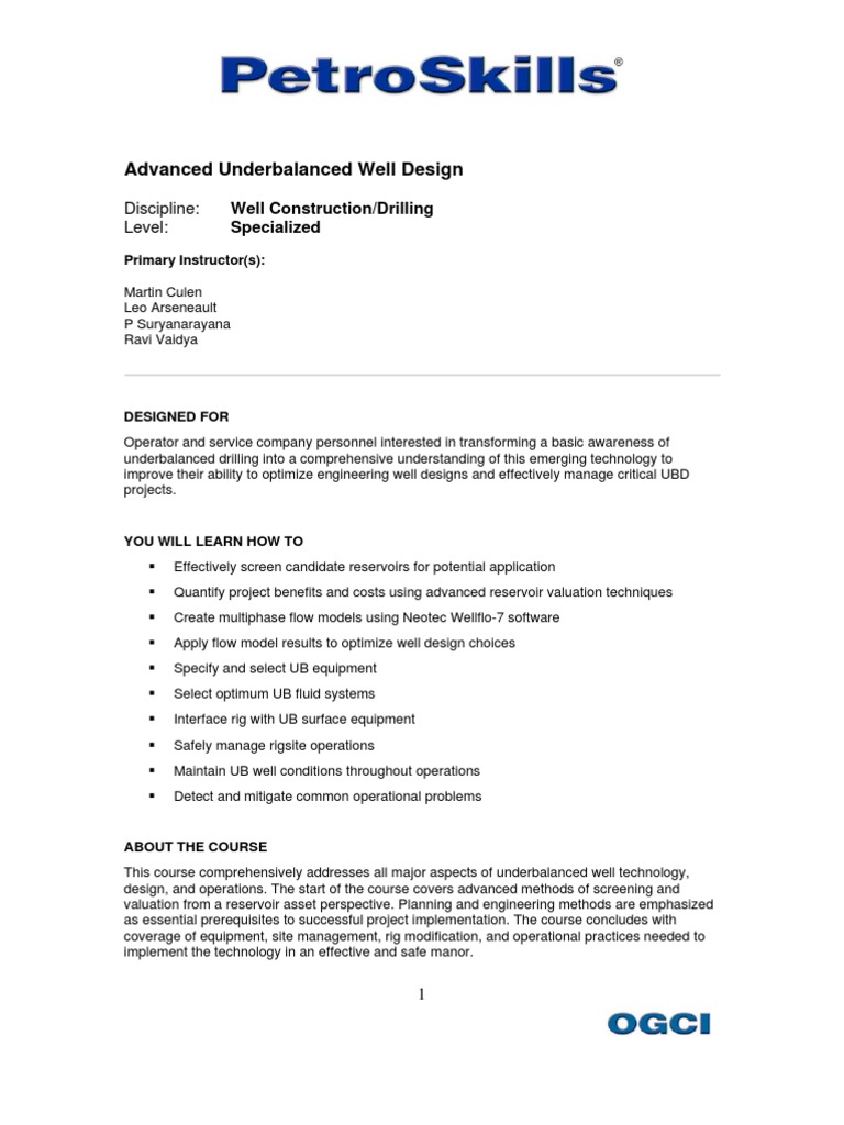 Advanced Under Balanced Well Design Course | PDF | Drilling Rig | Design