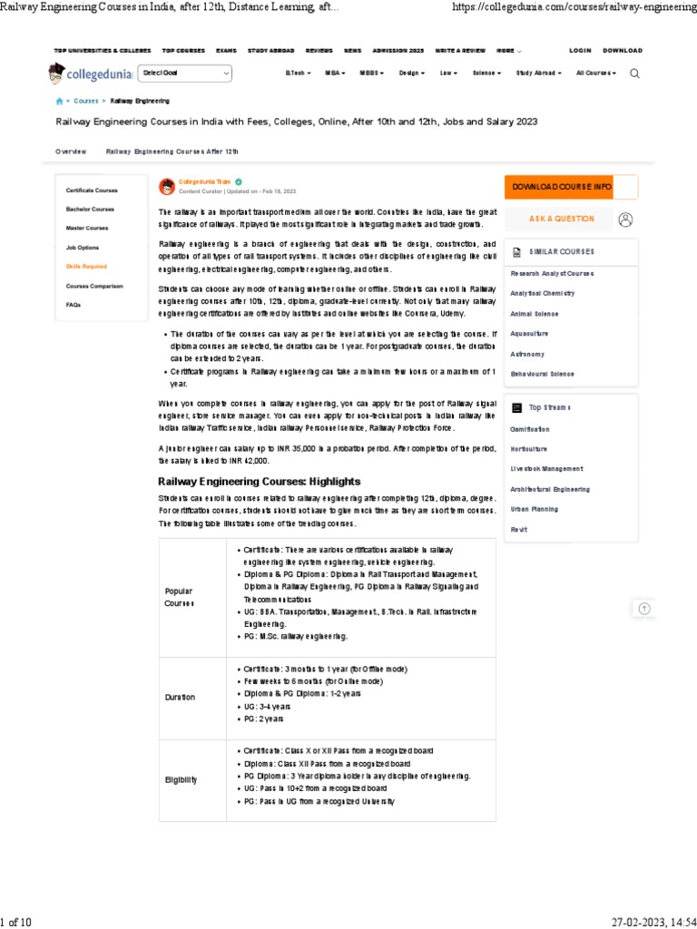 Railway Engineering Courses in India, After 12th, Distance Learning