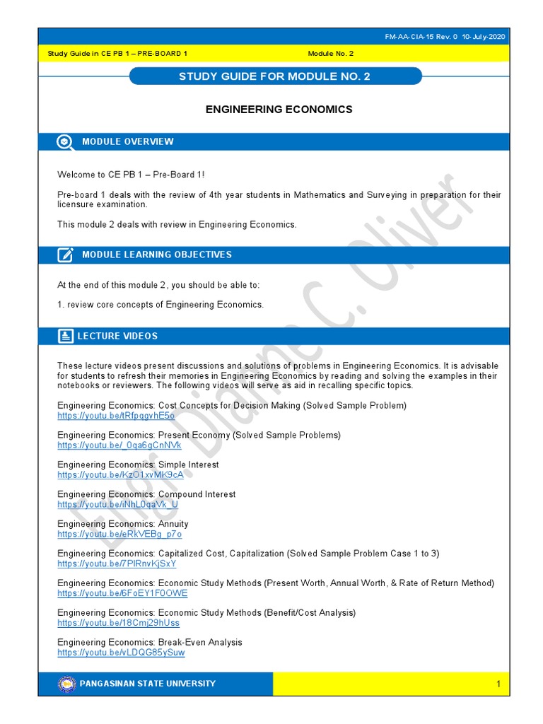 Engineering Economics Study Guide | PDF | Engineering | Economics
