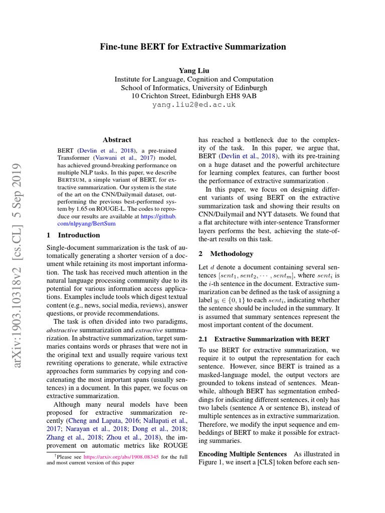 1903.10318 - Fine-Tune BERT For Extractive Summarization | PDF ...