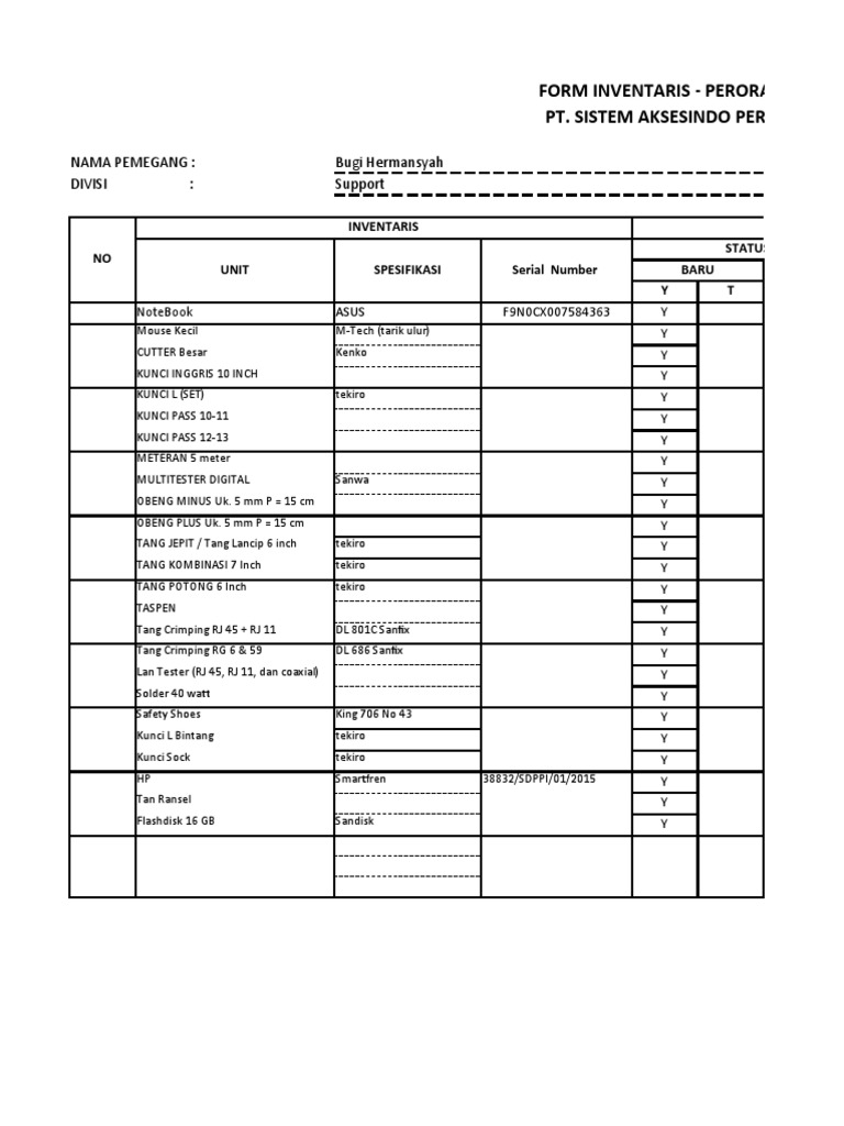 Form Inventaris Perorangan PT Aksesindo | PDF