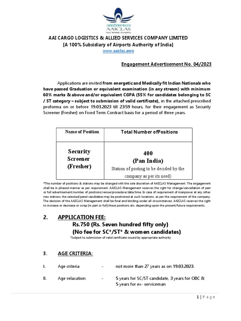AAI CLAS Security Scanner Recruitment 2023 Notification PDF | PDF