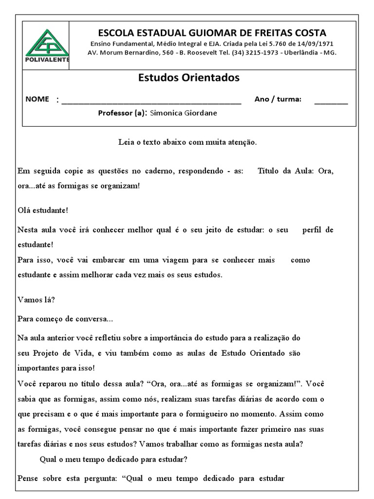 Atividades de Estudo Orientado 7º ao 9º Ano | PDF | Tempo | Aprendizado