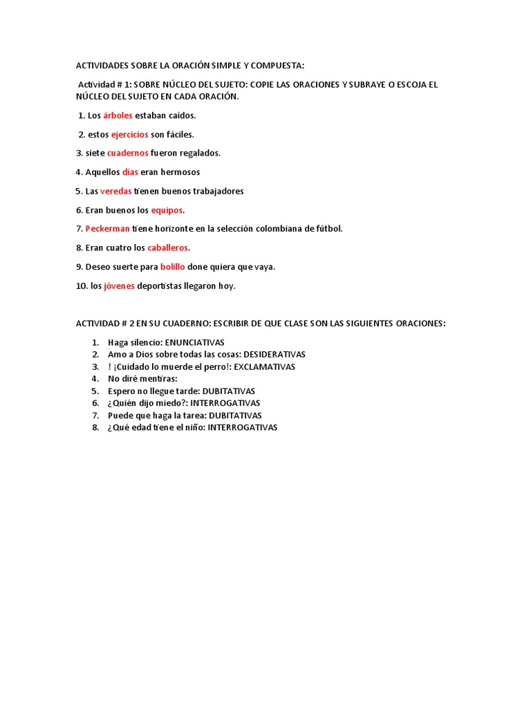 Actividades de Oraciones Simples y Compuestas | PDF