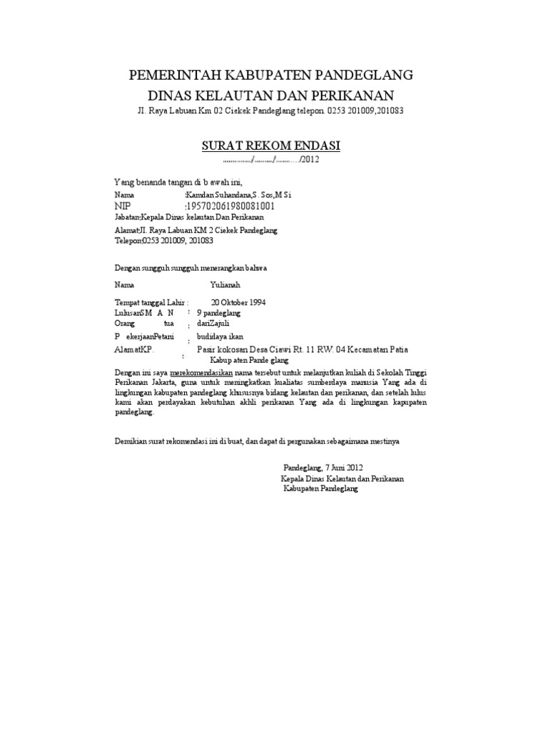 Contoh Surat Rekomendasi | PDF