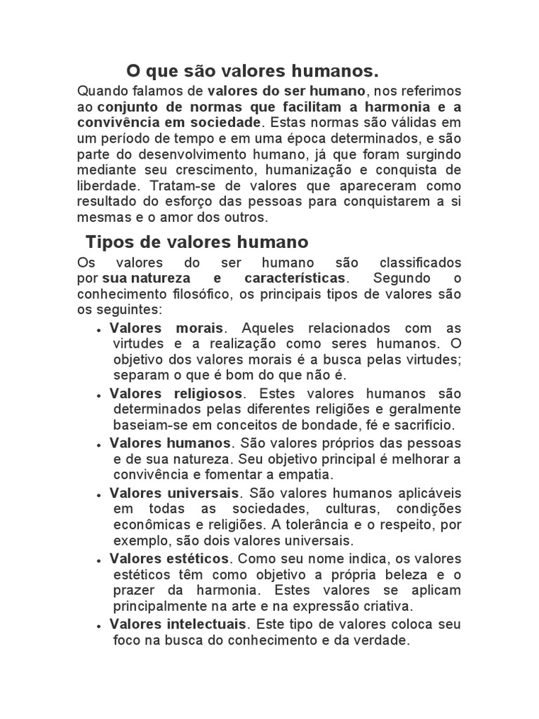 Definição e Tipos de Valores Humanos | PDF | Humano | Sociedade