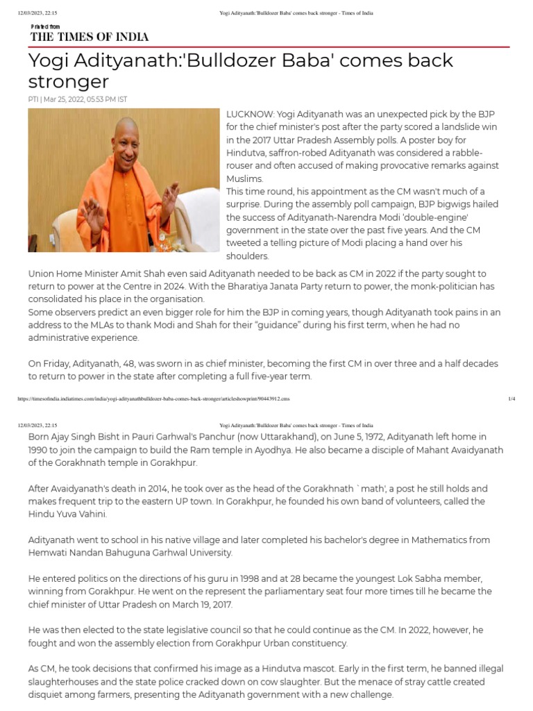 Yogi Adityanath:'Bulldozer Baba' Comes Back Stronger: PTI - Mar 25 ...