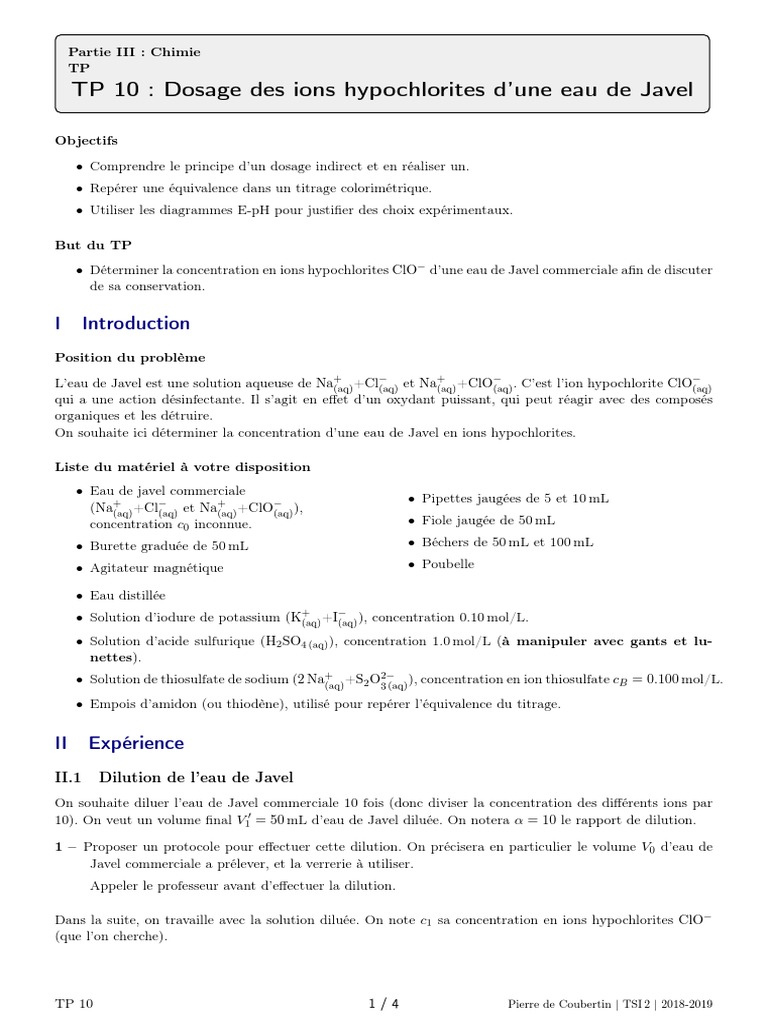 Dosage des ions hypochlorites en Javel | PDF | Titrage | Chimie