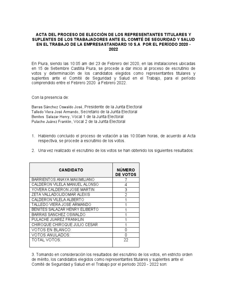 Acta Del Proceso de Elección de Los Representantes Titulares y ...