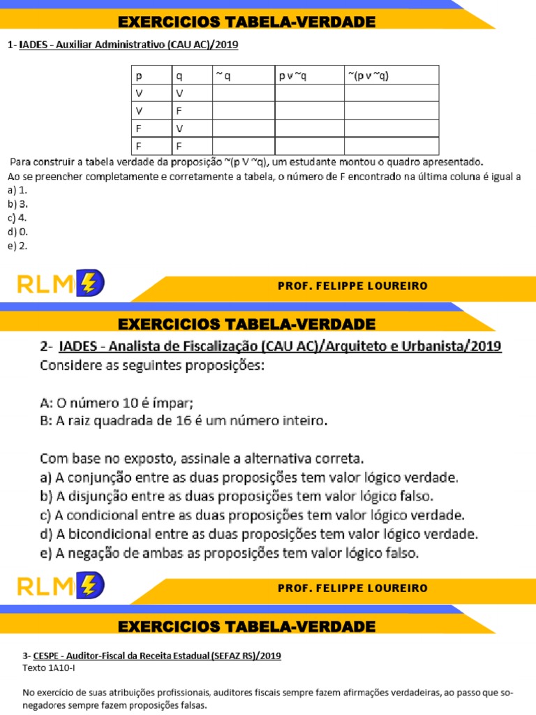 Table logic exercises truth tables by professor felippe loureiro pdf