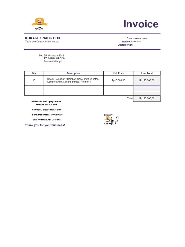 Snack Box Invoice for PT. Mitra Prodin | PDF