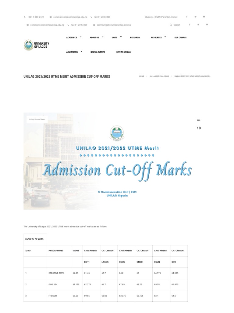 UNILAG 2021 2022 UTME Merit Admission CutOff Marks University of