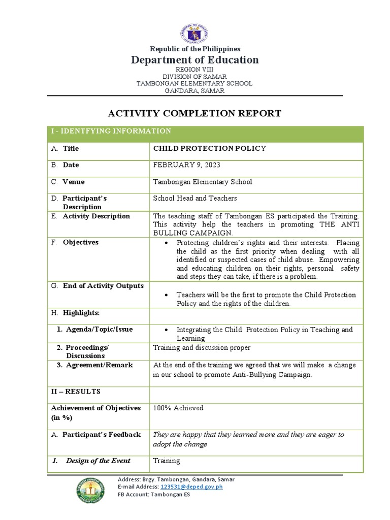 Department of Education: Activity Completion Report | PDF