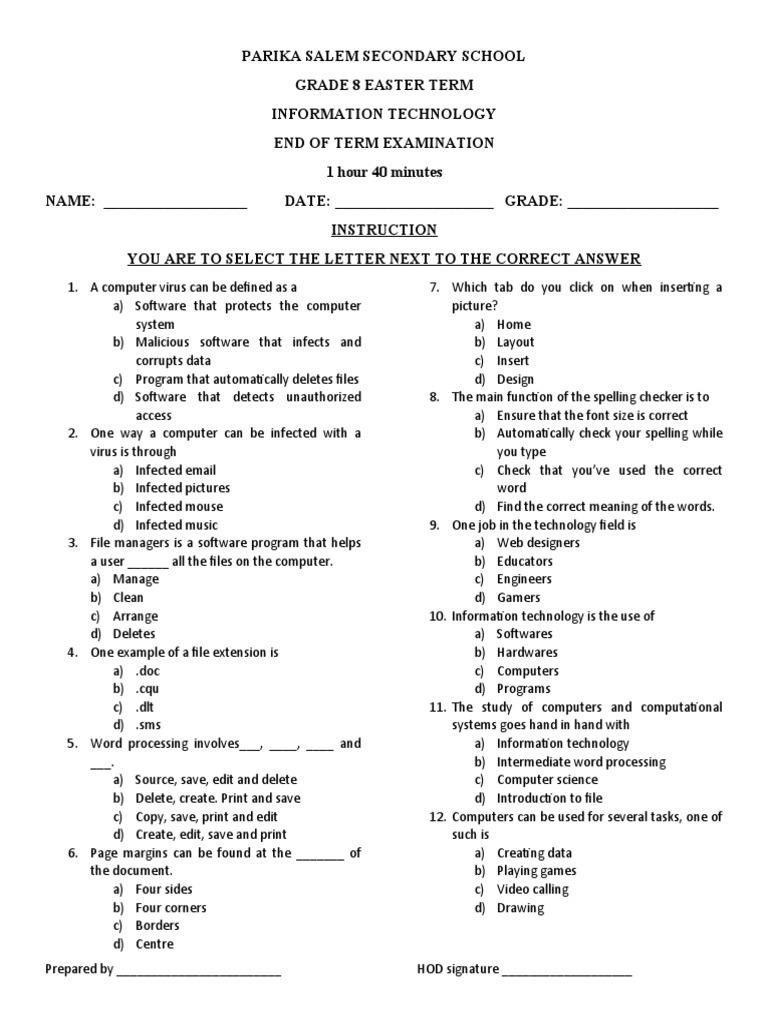 Parika Salem Secondary School Grade 8 Easter Term IT Exam | PDF ...