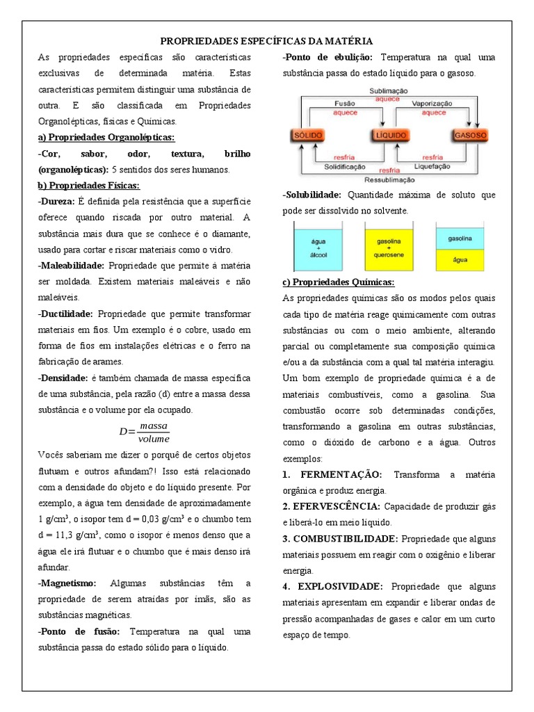 Resumo de Propriedades Especificas Da Materia | PDF | Química | Matéria