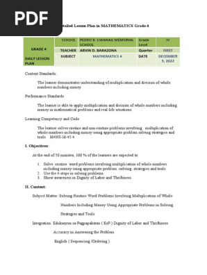 Detailed Lesson Plan in MATHEMATICS Grade 4 solves routine and non-routine M4NS-Id-45.4.docx