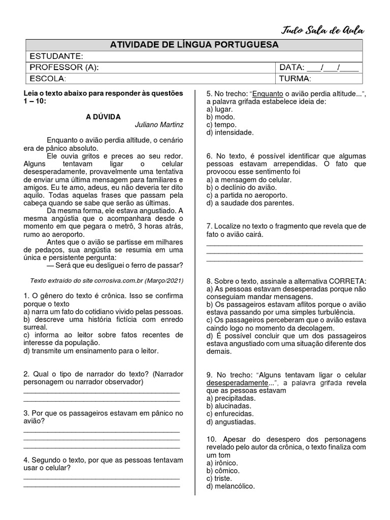 ATIVIDADE - PORTUGUÊS - CRÔNICA - 5 Ano PDF | PDF