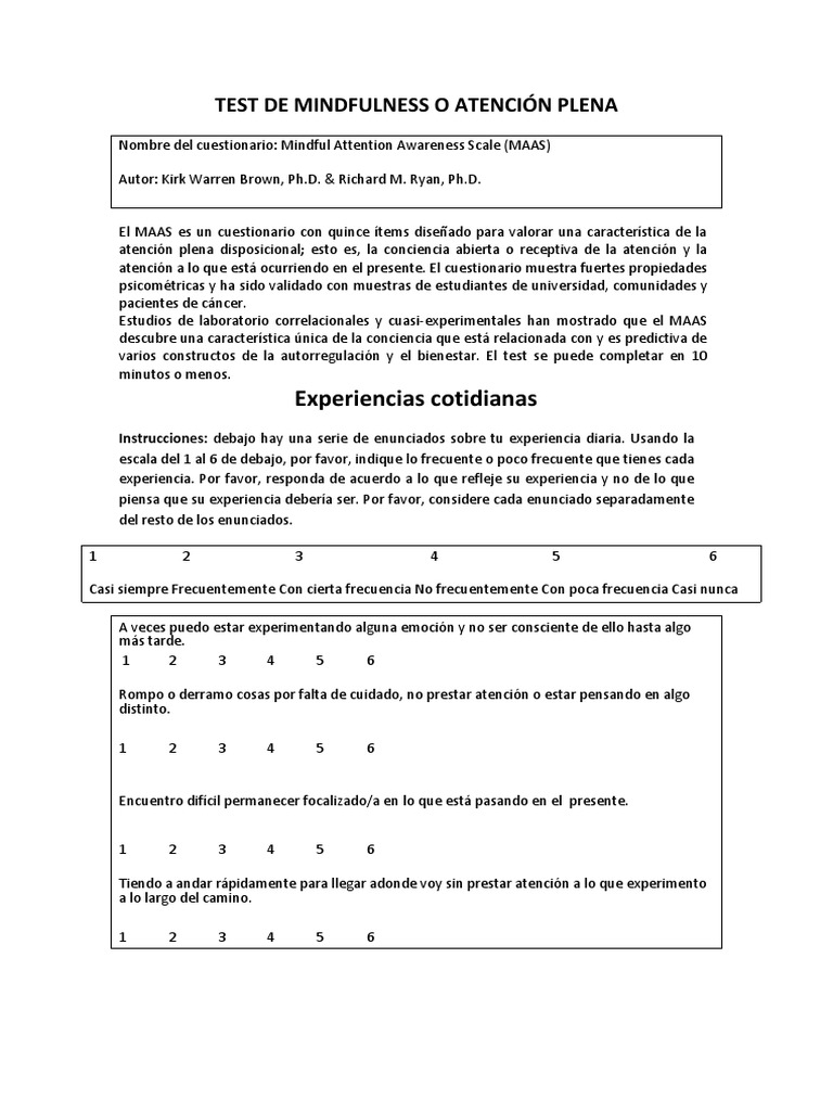 Test de Atención Plena MAAS | PDF | Ciencia cognitiva | Sicología